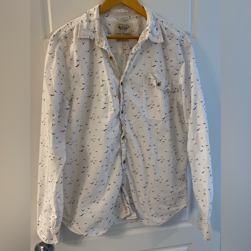 Men's Casual White Bird Print Patterned Button Down Shirt